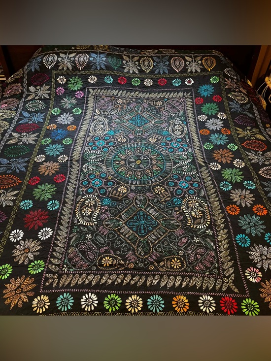 Other - Vintage Indian Nakshi Kantha Floral Hand Embroidered Stitched Quilt 94in X 78in